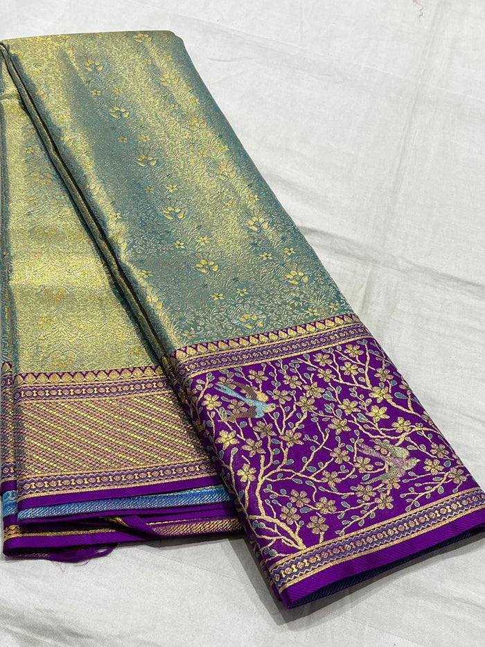 Mint Green / Purple Meenakari Kanchi Silks