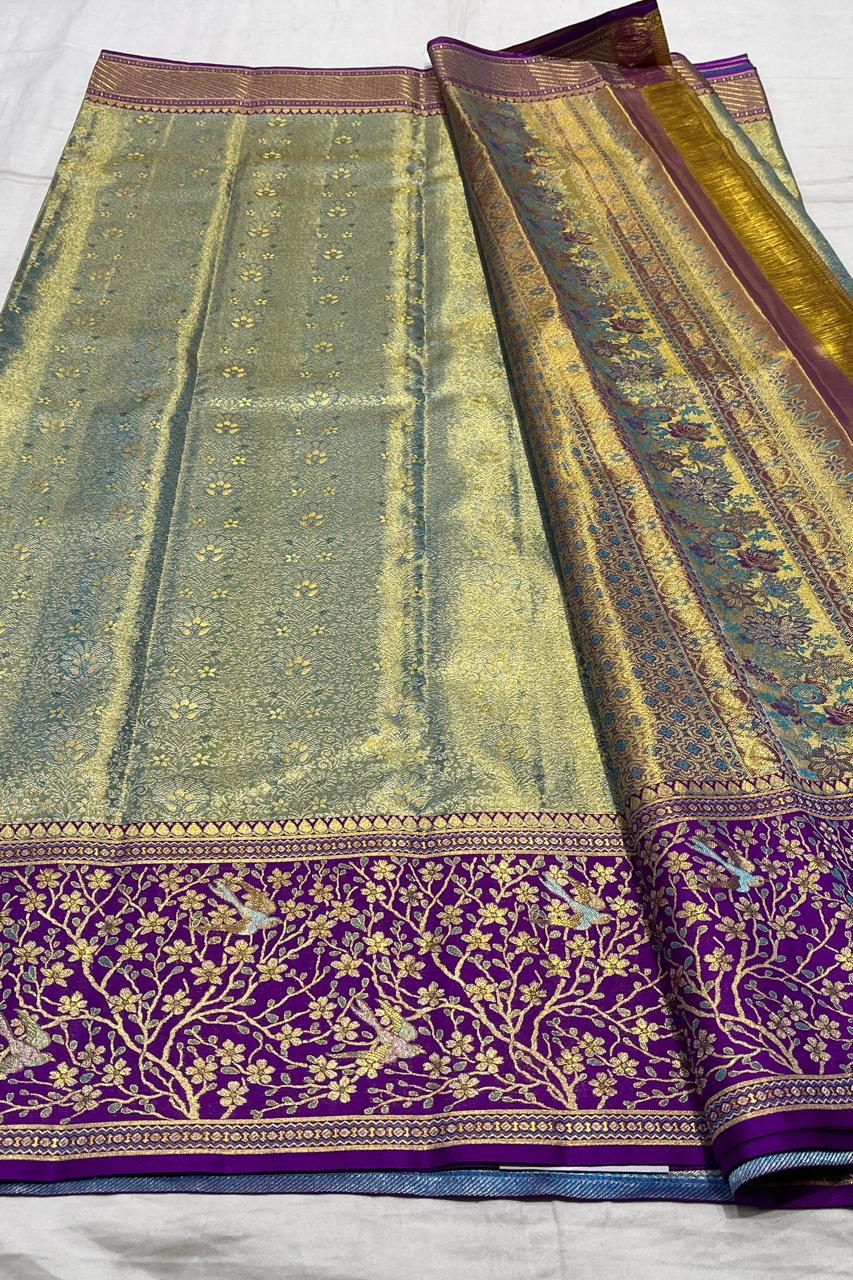 Mint Green / Purple Meenakari Kanchi Silks