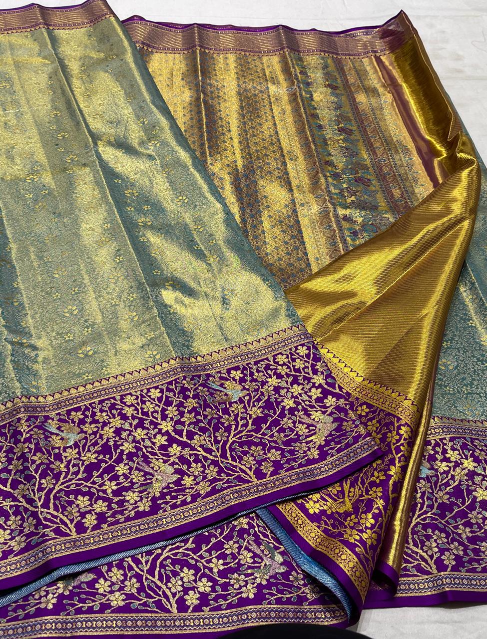 Mint Green / Purple Meenakari Kanchi Silks