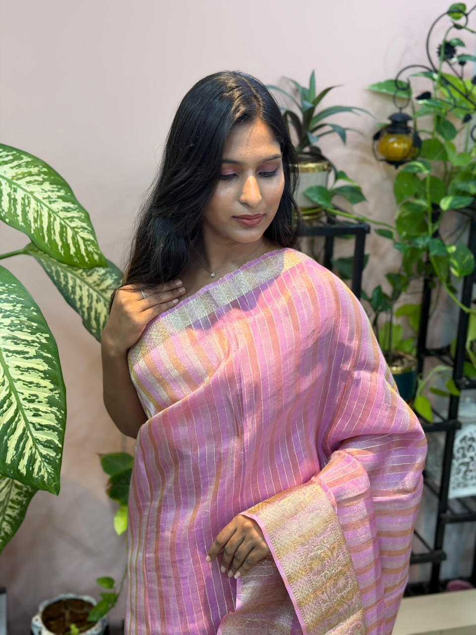 PINK ZARI STRIPS TISSUE SAREE