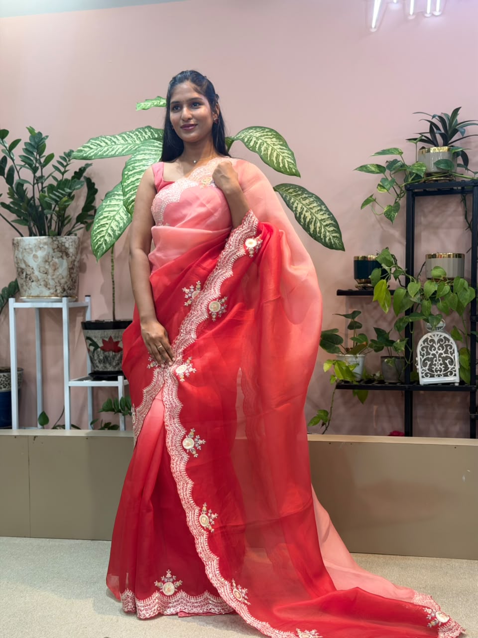 RED PEACH OMBRE ORGANZA CUT WORK SAREE