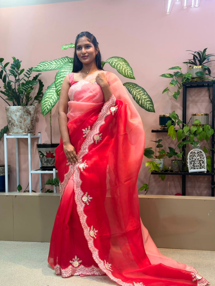 RED PEACH OMBRE ORGANZA CUT WORK SAREE