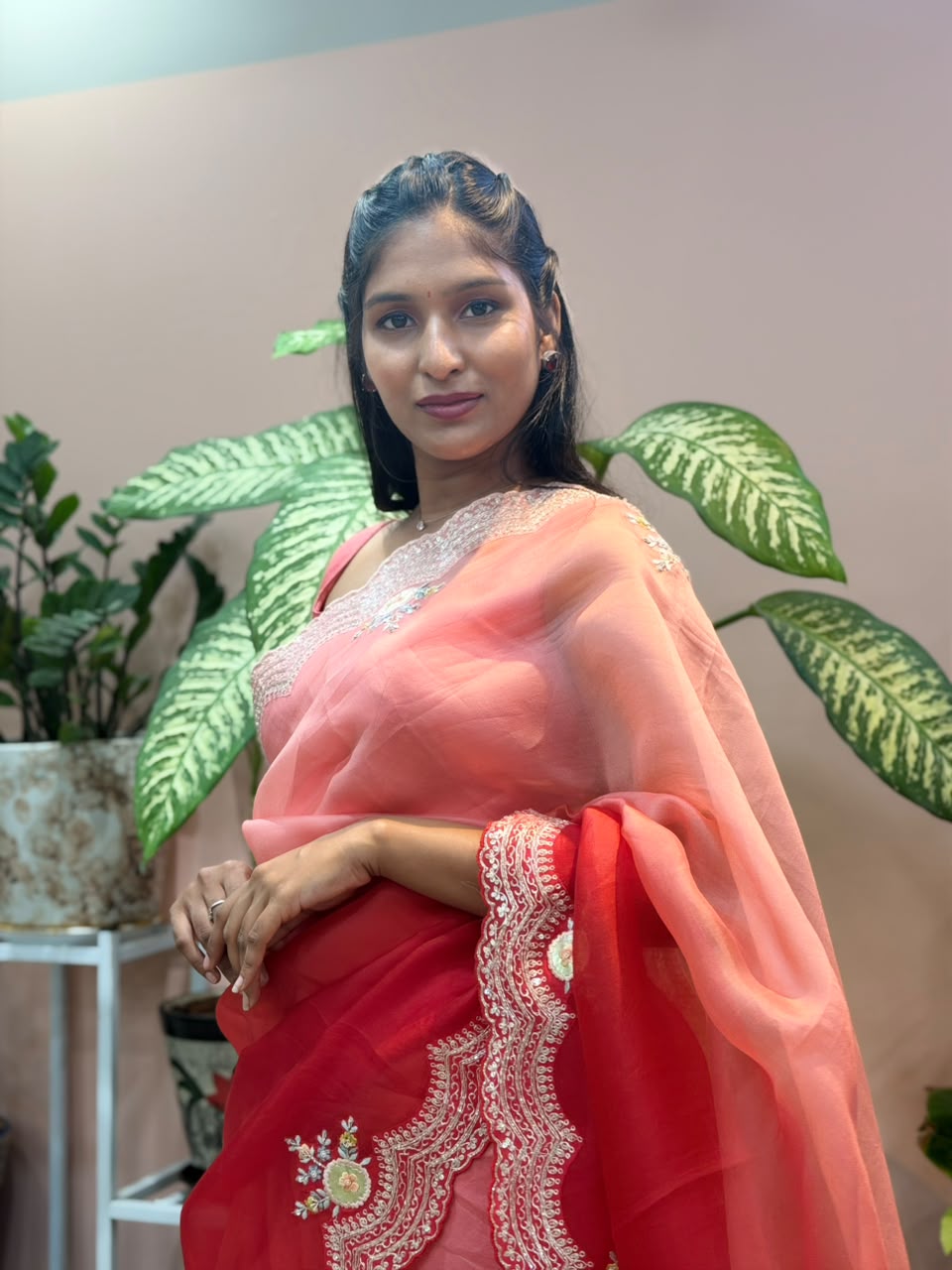 RED PEACH OMBRE ORGANZA CUT WORK SAREE