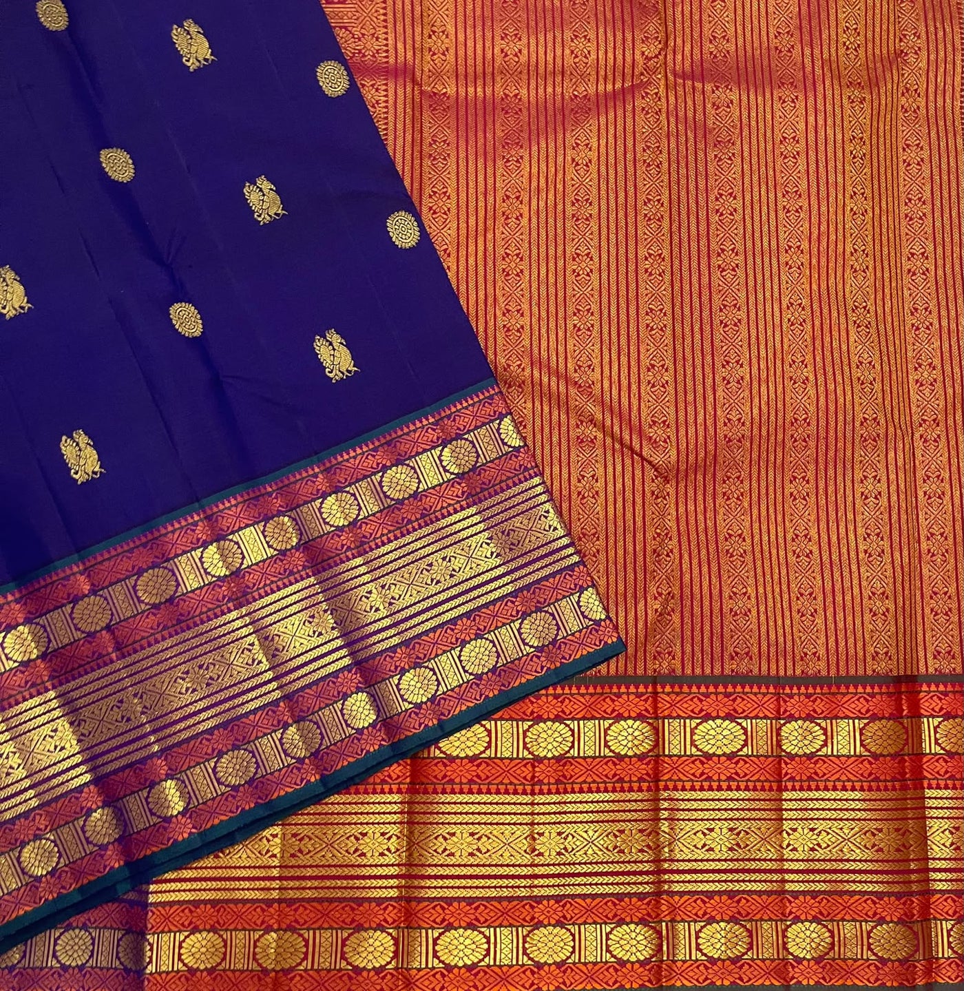 PURE VINTAGE KANCHEEPURAM SILK SAREE CHECK RED BLUE