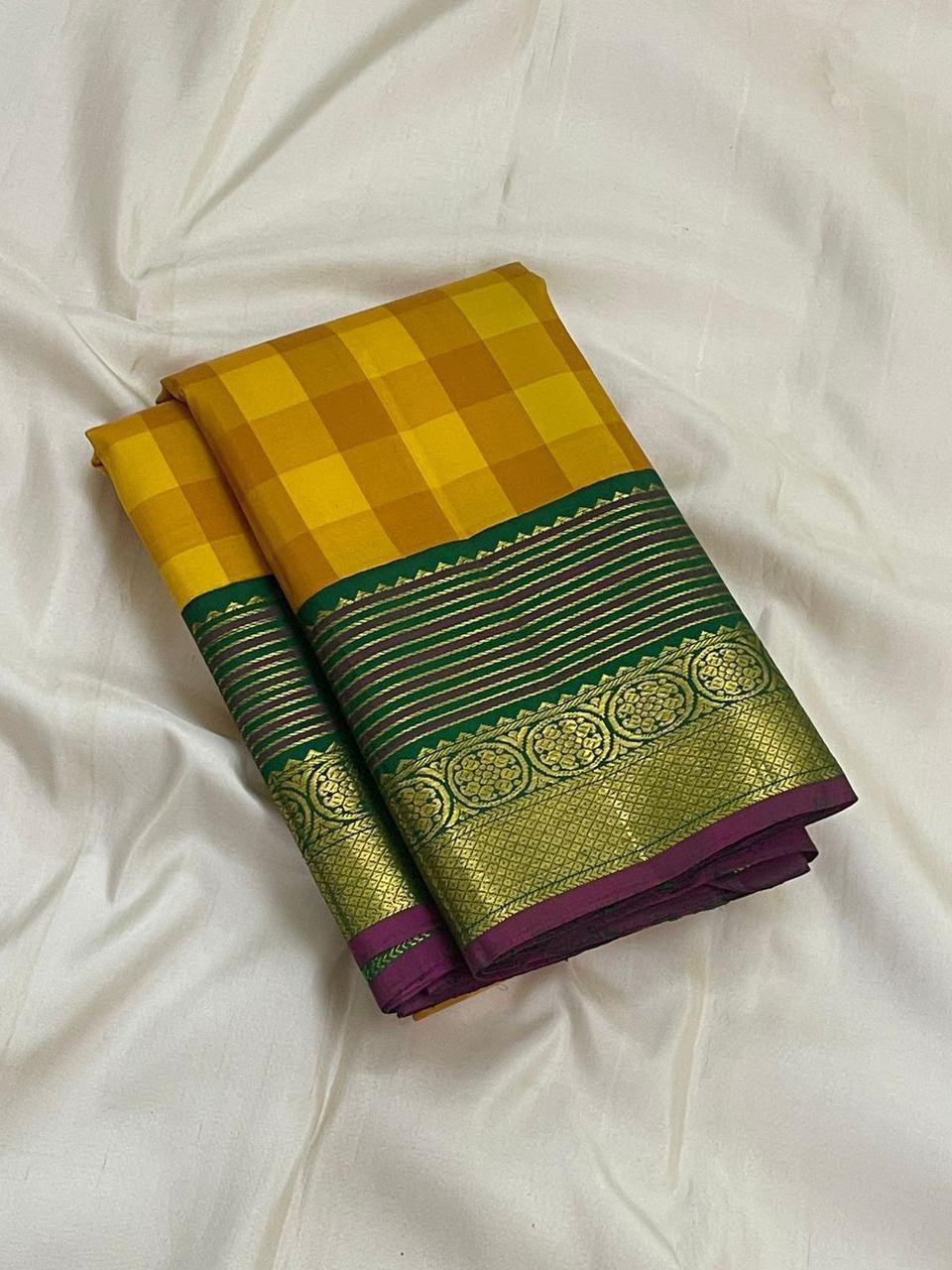 YELLOW GREEN CHECKS  IN KANCHI SAREE