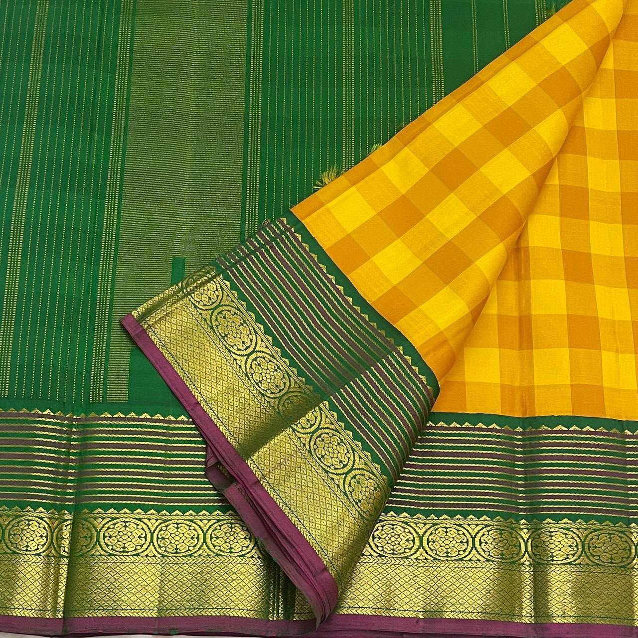 YELLOW GREEN CHECKS  IN KANCHI SAREE