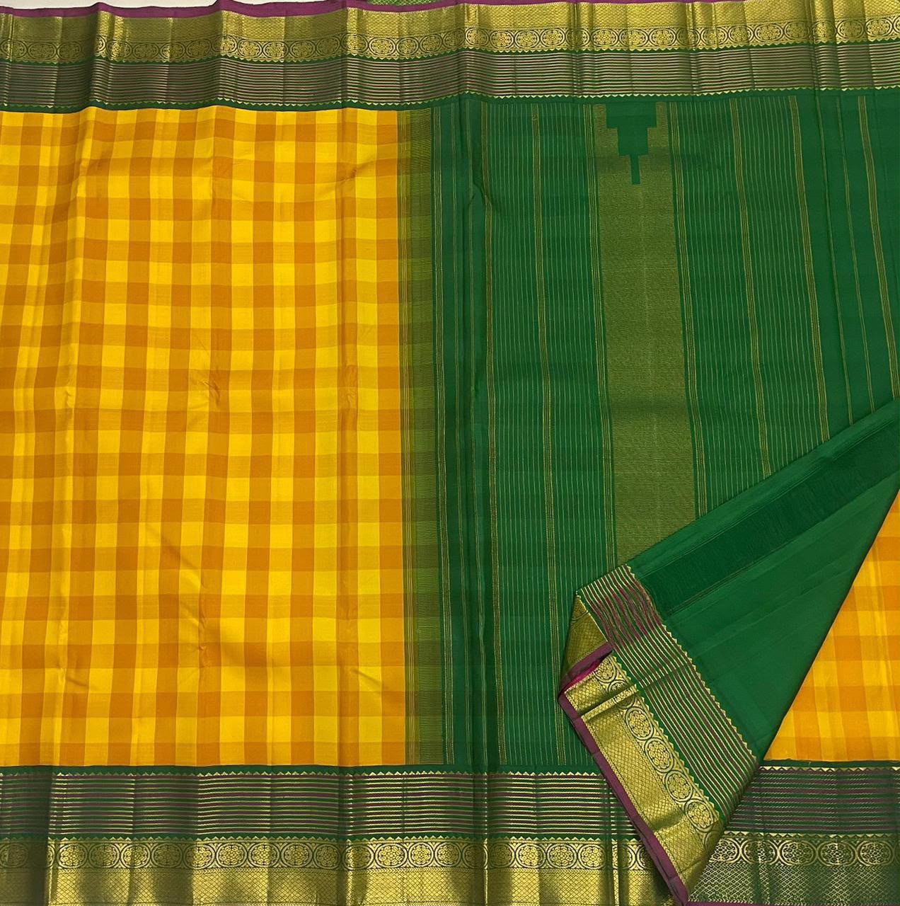 YELLOW GREEN CHECKS  IN KANCHI SAREE