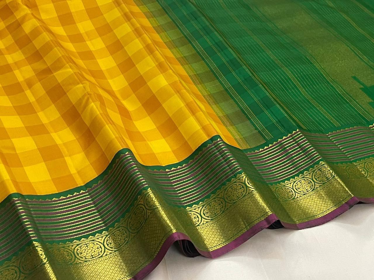 YELLOW GREEN CHECKS  IN KANCHI SAREE