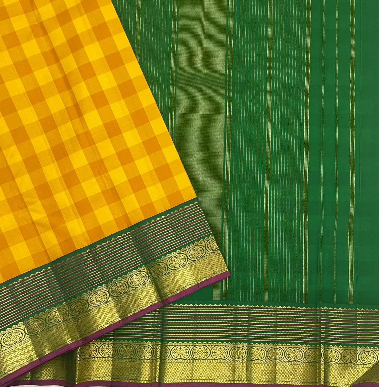 YELLOW GREEN CHECKS  IN KANCHI SAREE