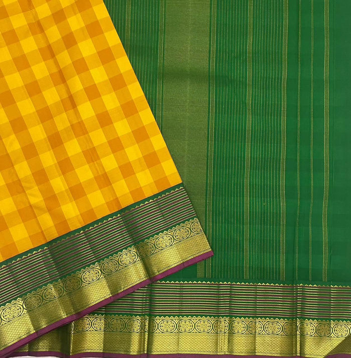 YELLOW GREEN CHECKS  IN KANCHI SAREE