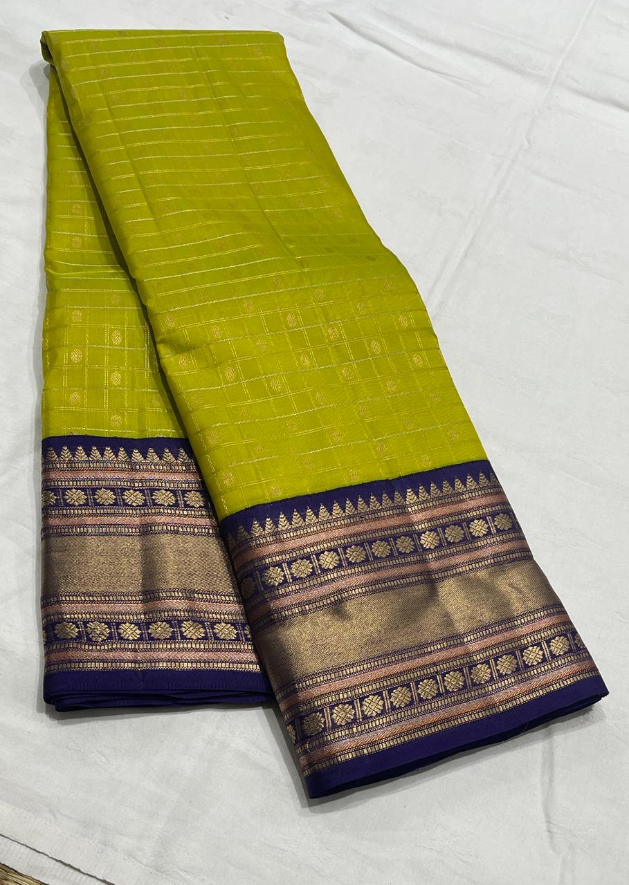 GREEN CHECKS  IN KANCHI SAREE