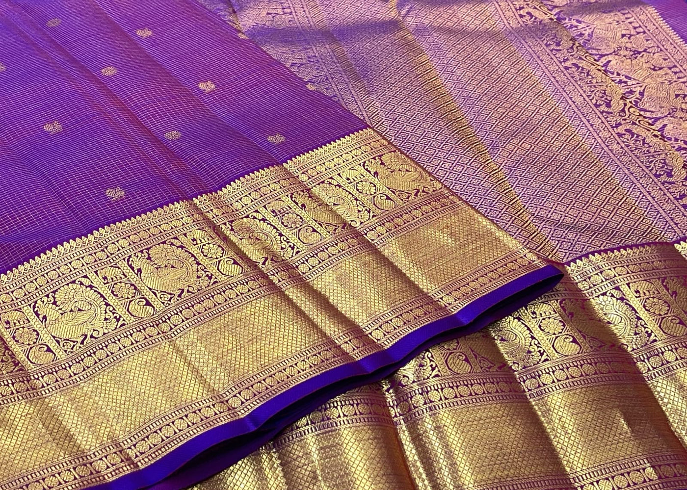 PURE KANCHEEPURAM SILK SAREE CHECK PURPLE ZARI  BORDER