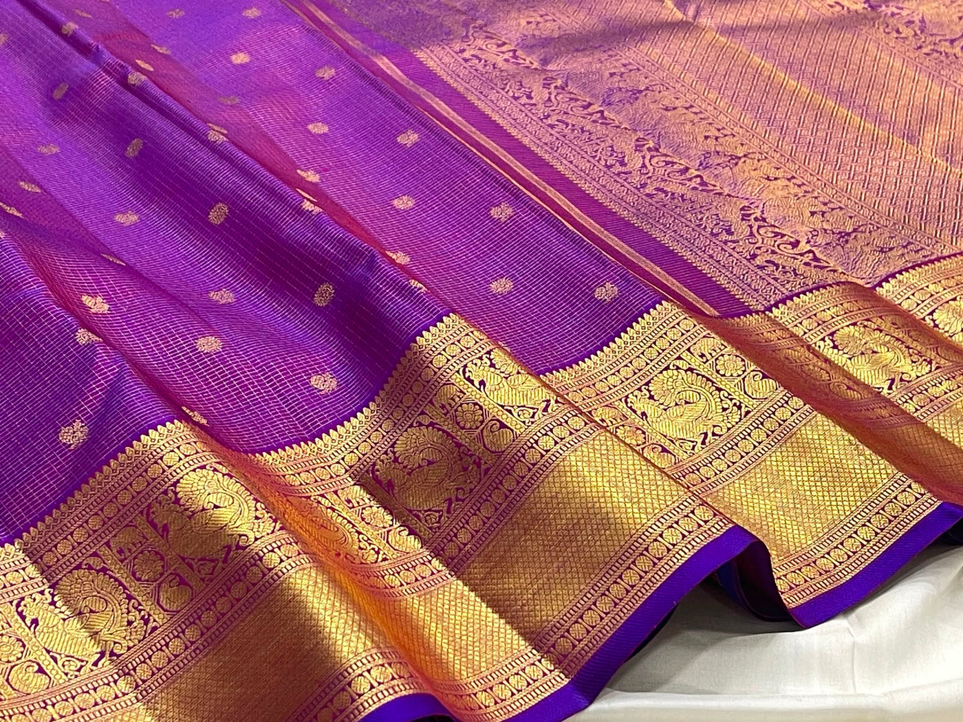 PURE KANCHEEPURAM SILK SAREE CHECK PURPLE ZARI  BORDER