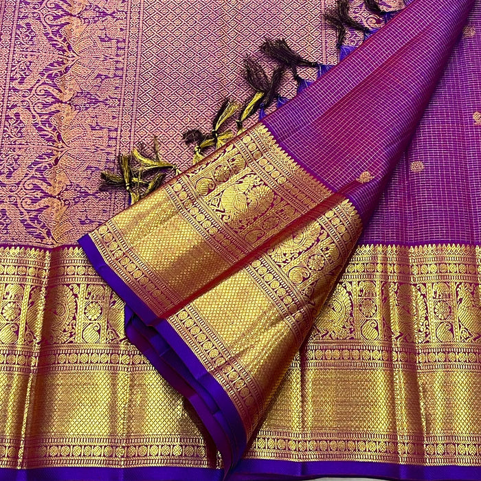 PURE KANCHEEPURAM SILK SAREE CHECK PURPLE ZARI  BORDER