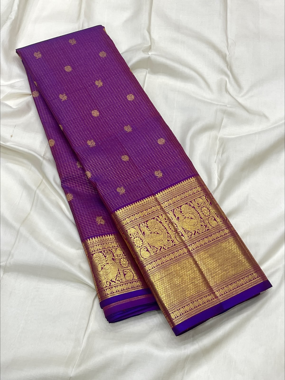 PURE KANCHEEPURAM SILK SAREE CHECK PURPLE ZARI  BORDER