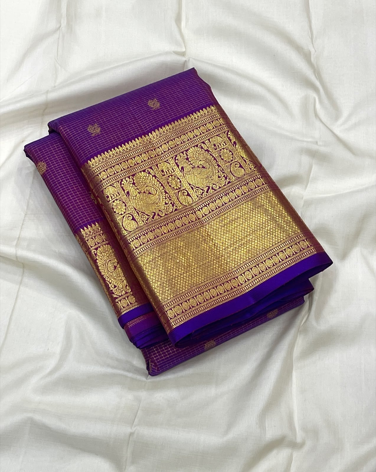 PURE KANCHEEPURAM SILK SAREE CHECK PURPLE ZARI  BORDER