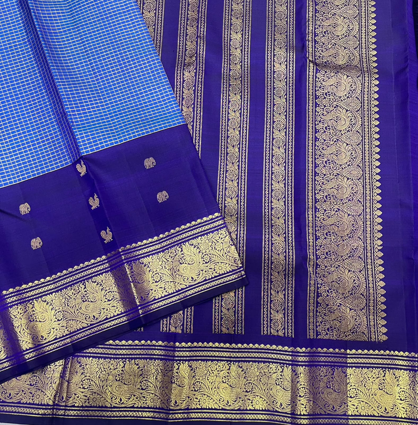 PURE KANCHEEPURAM SILK SAREE CHECK BLUE PURPLE ZARI  BORDER