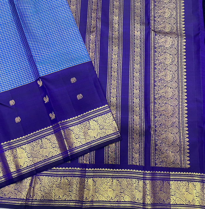 PURE KANCHEEPURAM SILK SAREE CHECK BLUE PURPLE ZARI  BORDER