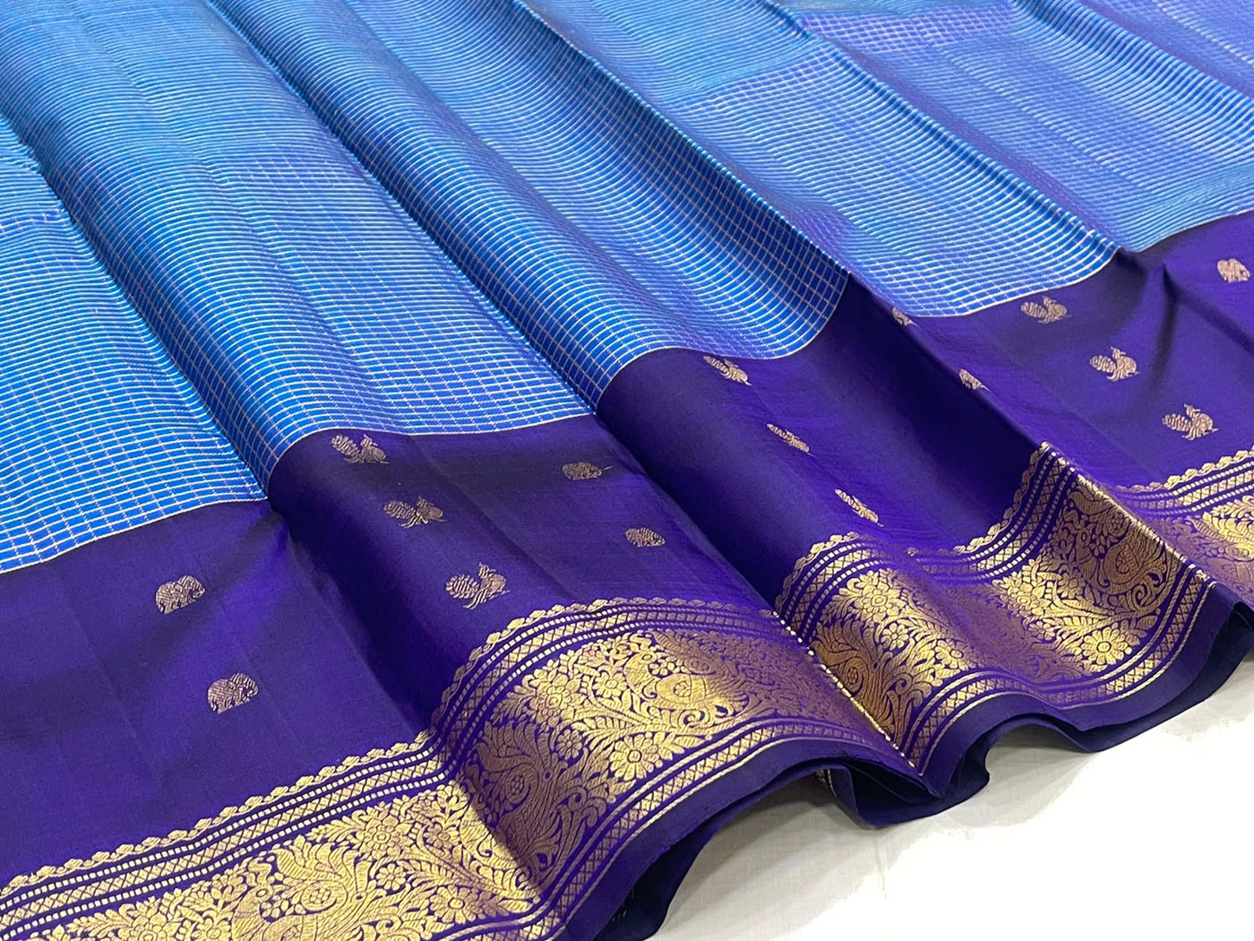 PURE KANCHEEPURAM SILK SAREE CHECK BLUE PURPLE ZARI  BORDER