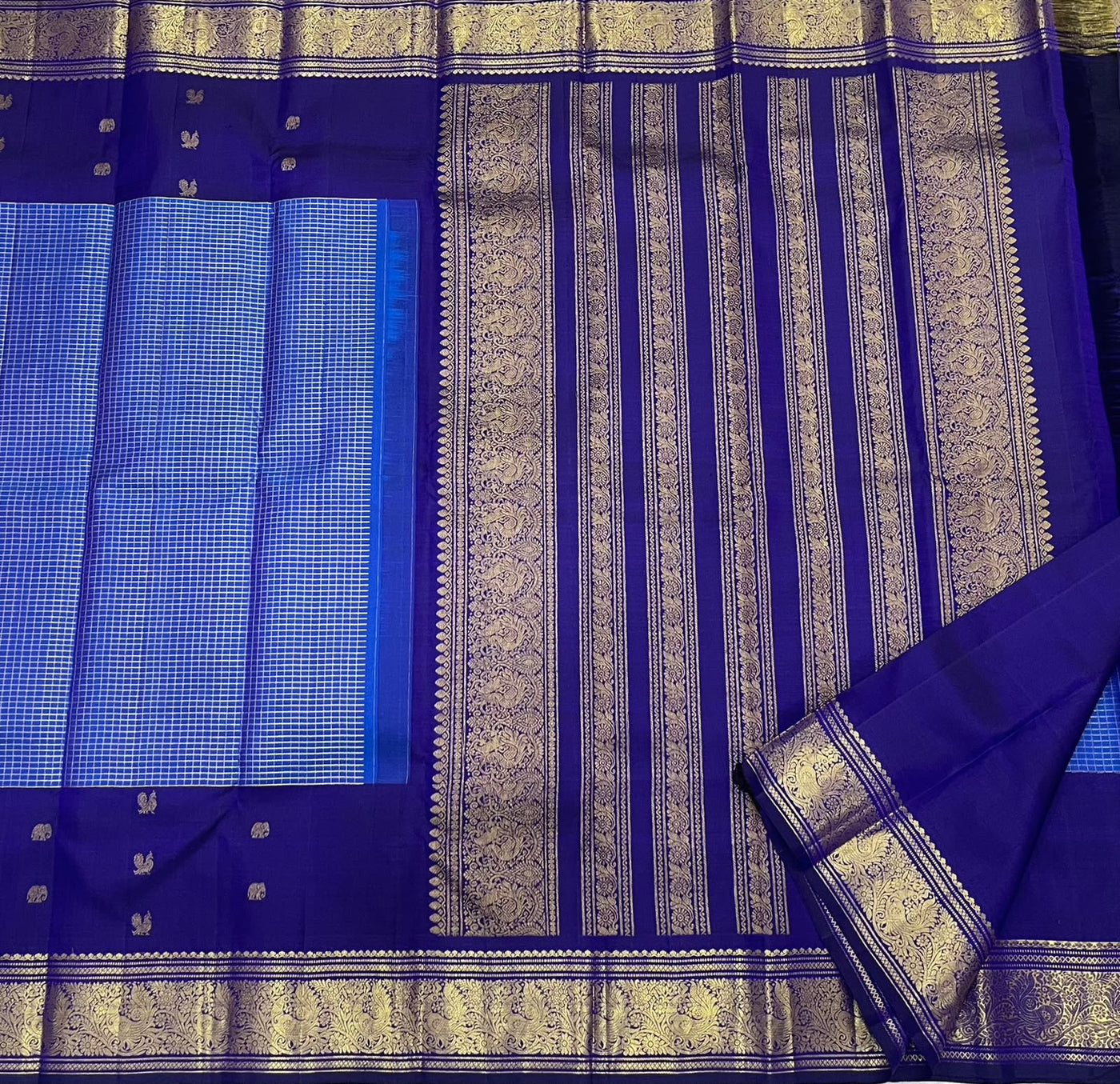 PURE KANCHEEPURAM SILK SAREE CHECK BLUE PURPLE ZARI  BORDER