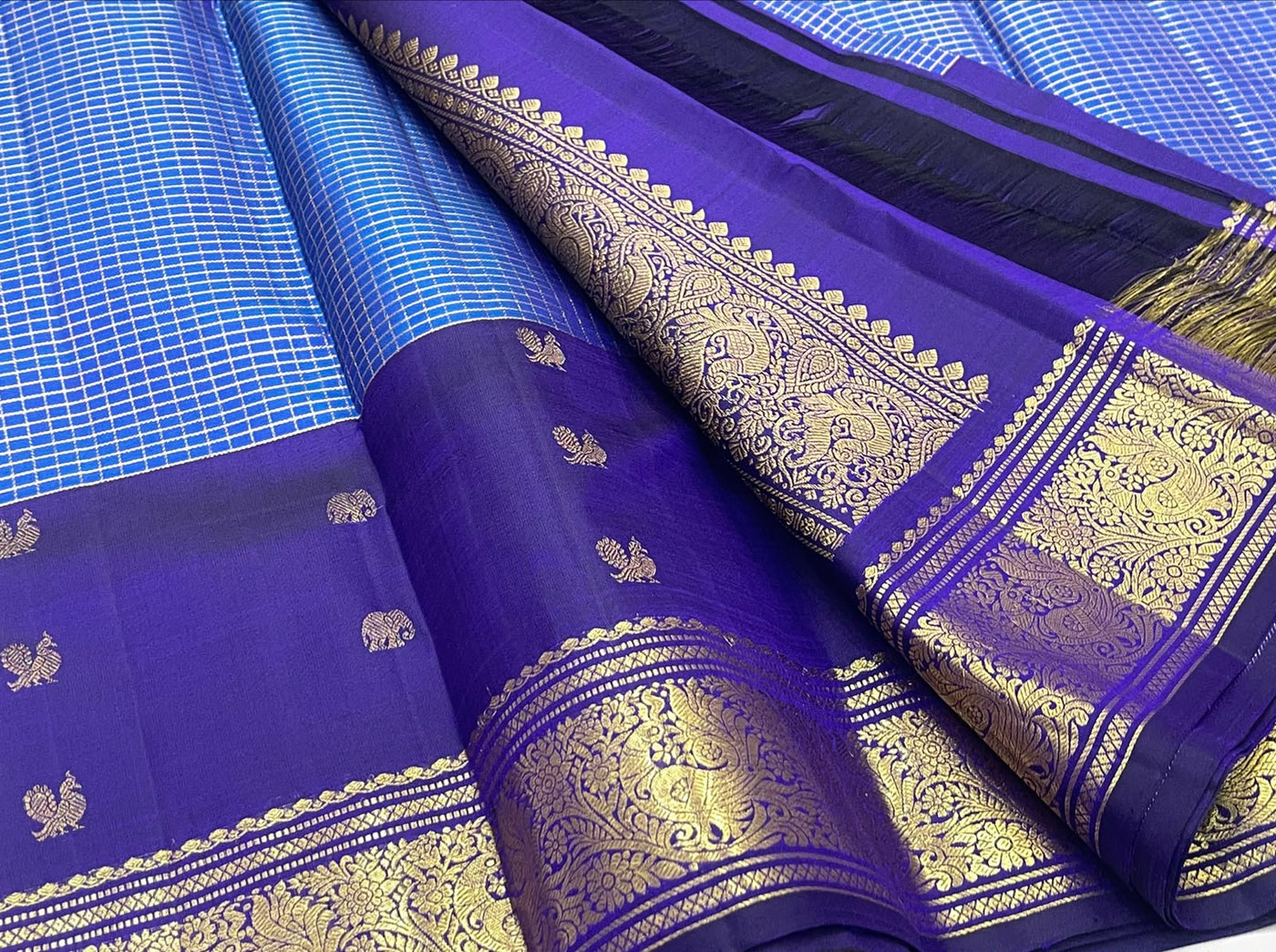 PURE KANCHEEPURAM SILK SAREE CHECK BLUE PURPLE ZARI  BORDER