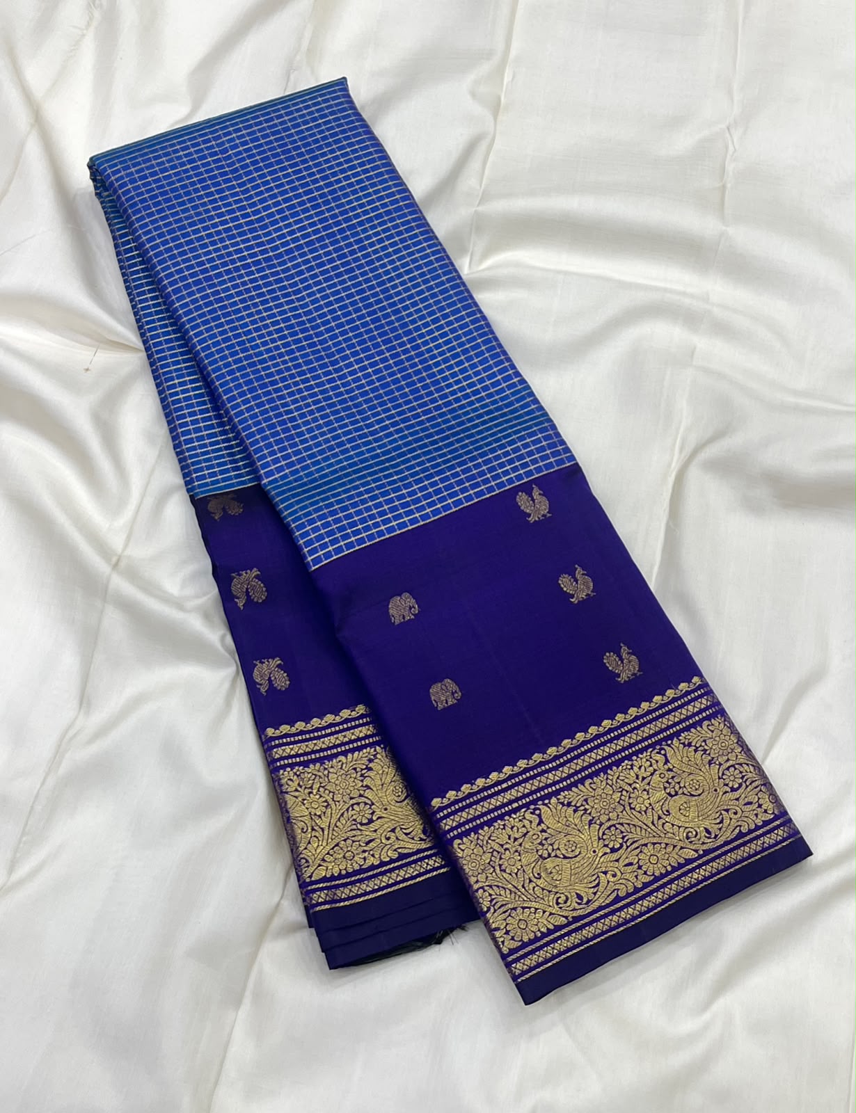 PURE KANCHEEPURAM SILK SAREE CHECK BLUE PURPLE ZARI  BORDER