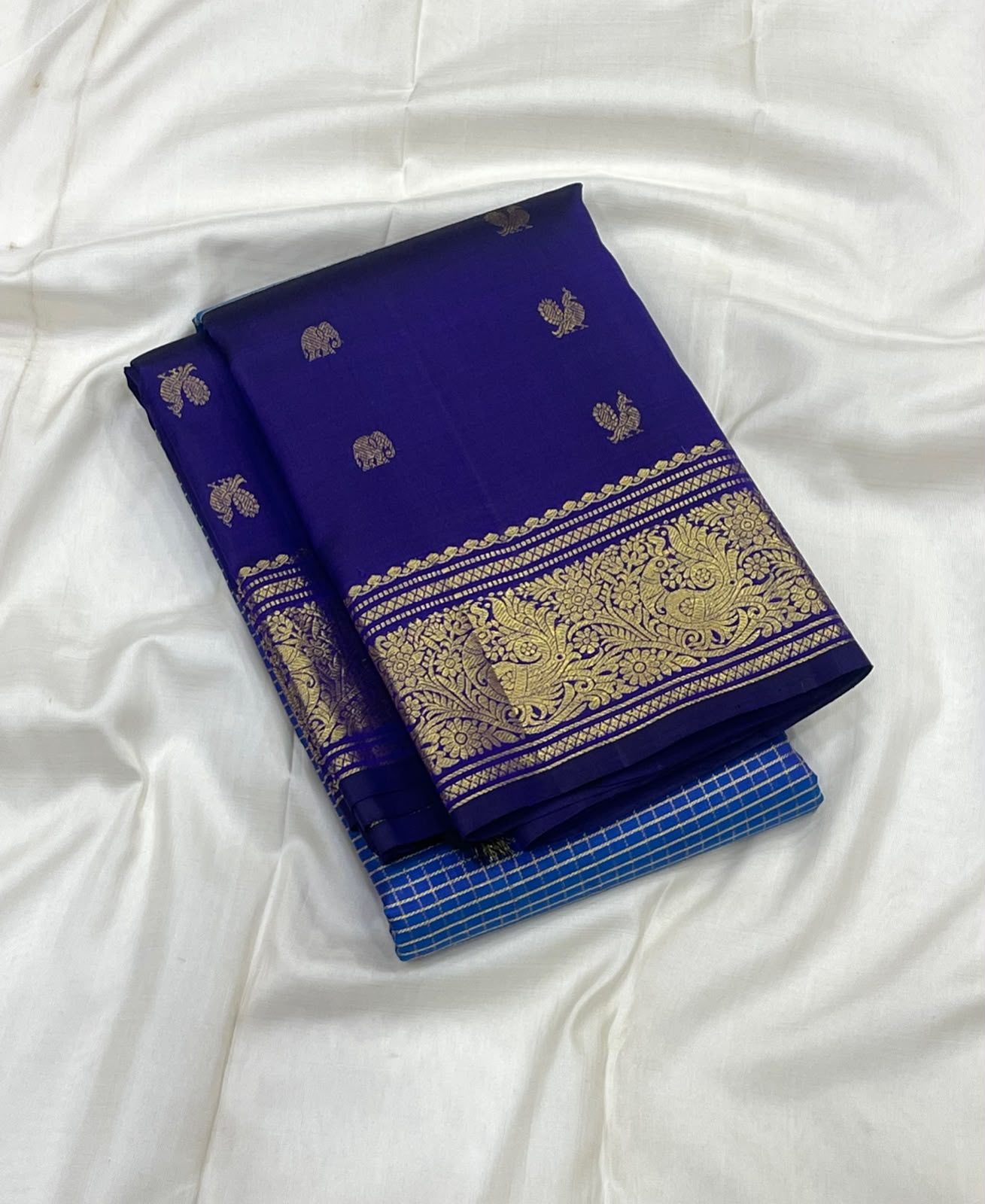 PURE KANCHEEPURAM SILK SAREE CHECK BLUE PURPLE ZARI  BORDER