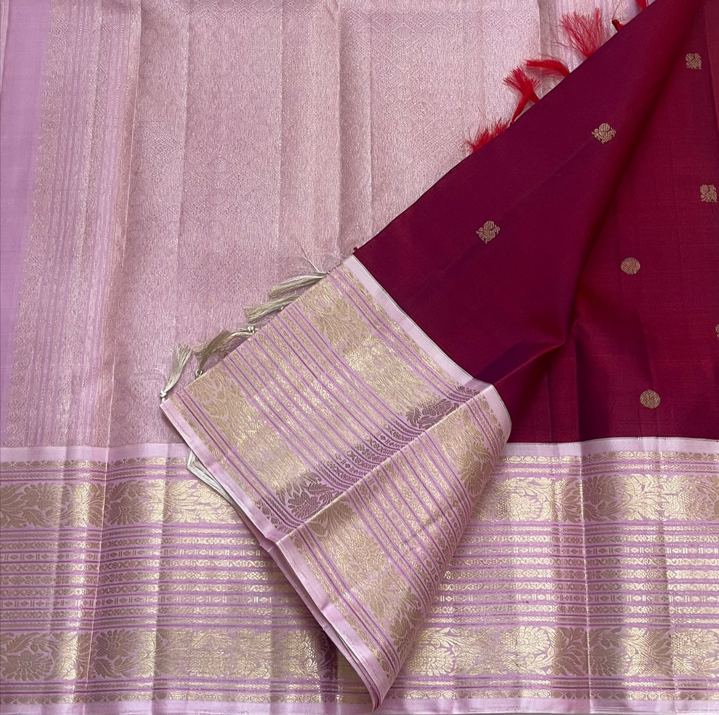 PURE KANCHEEPURAM SILK SAREE PURPLE WINE PINK ZARI  BORDER