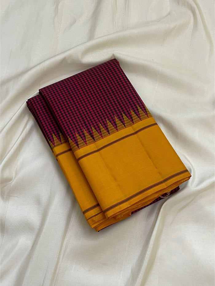 PURE VINTAGE KANCHEEPURAM SILK SAREE CHECK MAROON YELLOW