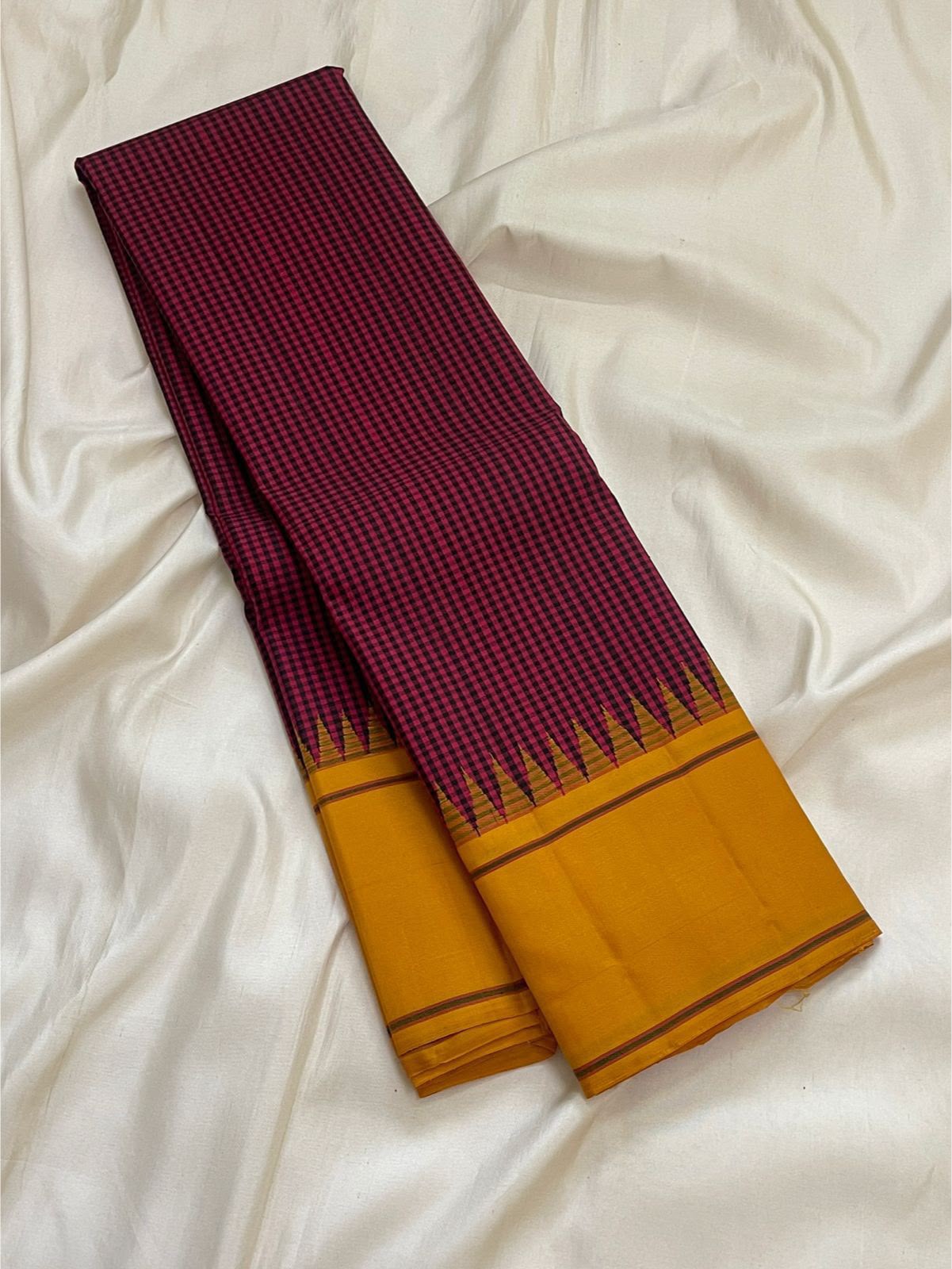 PURE VINTAGE KANCHEEPURAM SILK SAREE CHECK MAROON YELLOW