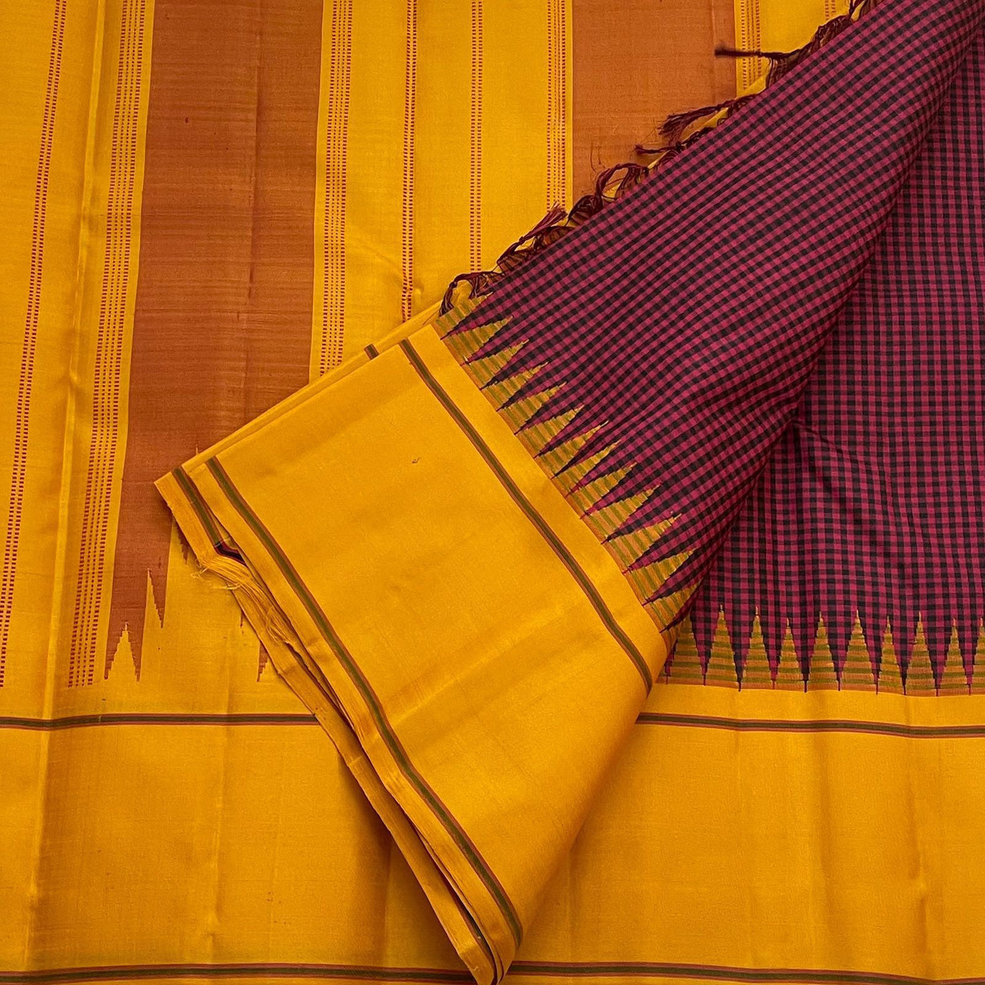 PURE VINTAGE KANCHEEPURAM SILK SAREE CHECK MAROON YELLOW