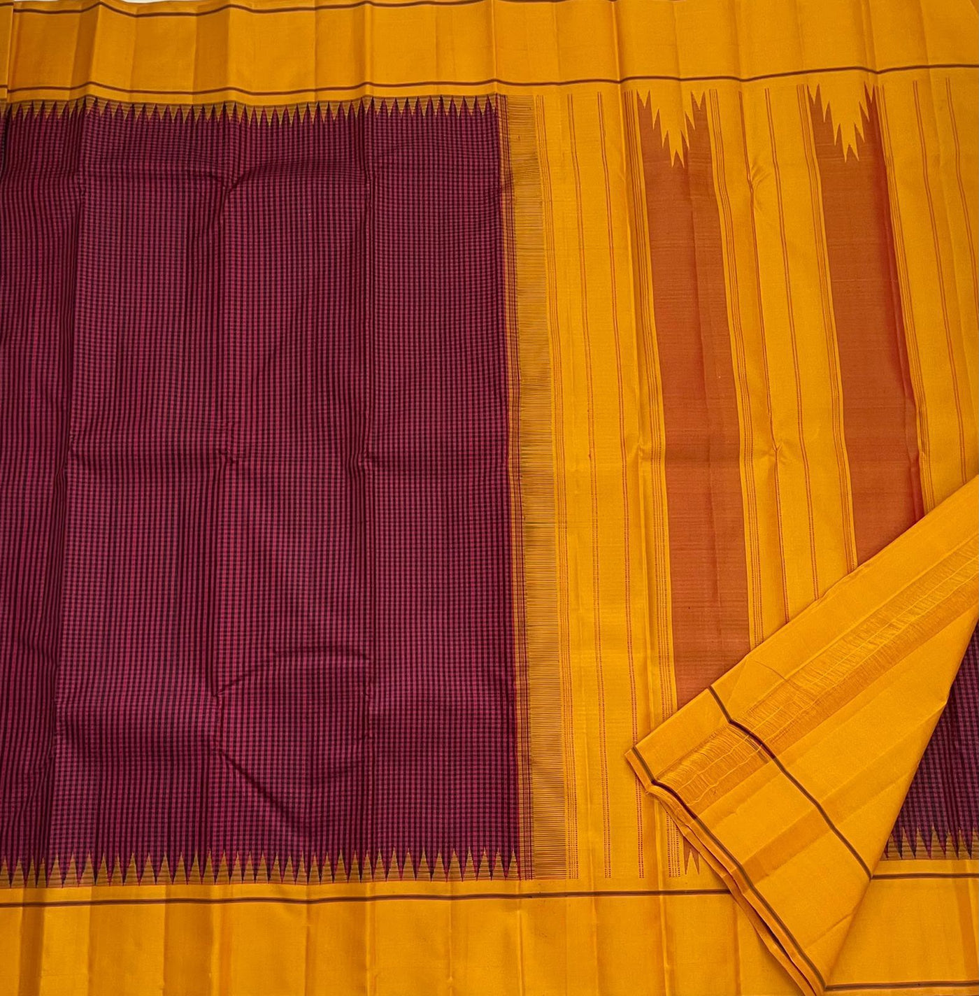PURE VINTAGE KANCHEEPURAM SILK SAREE CHECK MAROON YELLOW