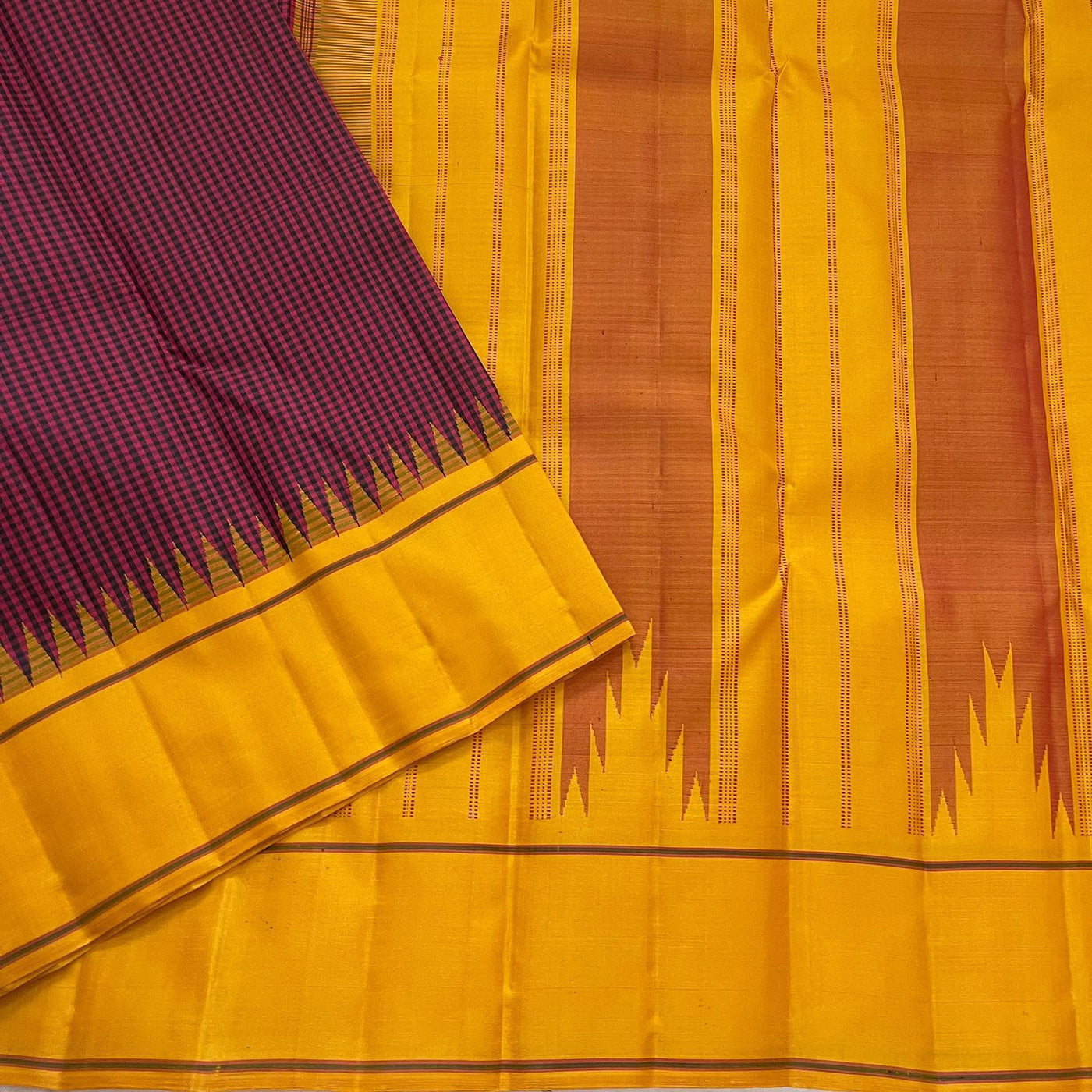 PURE VINTAGE KANCHEEPURAM SILK SAREE CHECK MAROON YELLOW