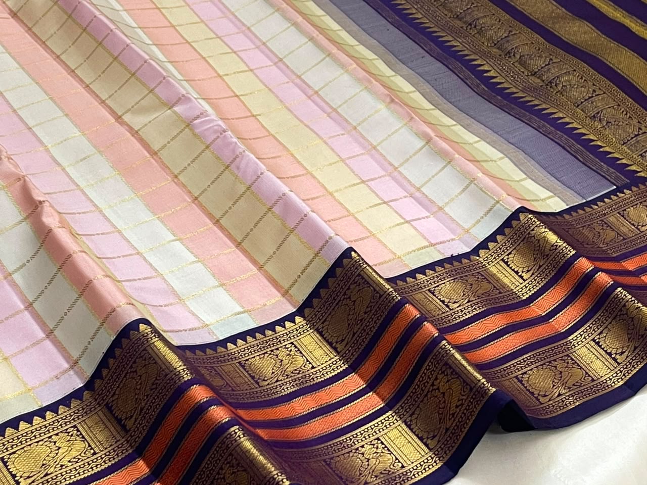 PURE KANCHEEPURAM SILK SAREE CHECK PINK PURPLE ZARI  BORDER