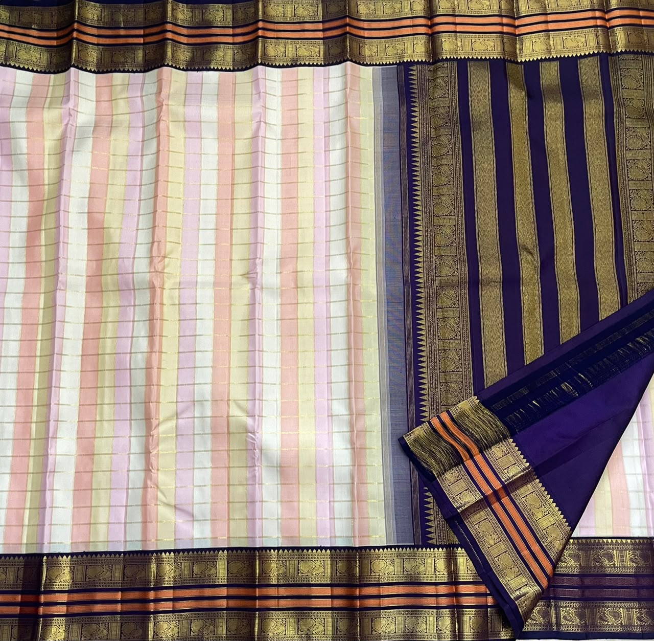 PURE KANCHEEPURAM SILK SAREE CHECK PINK PURPLE ZARI  BORDER