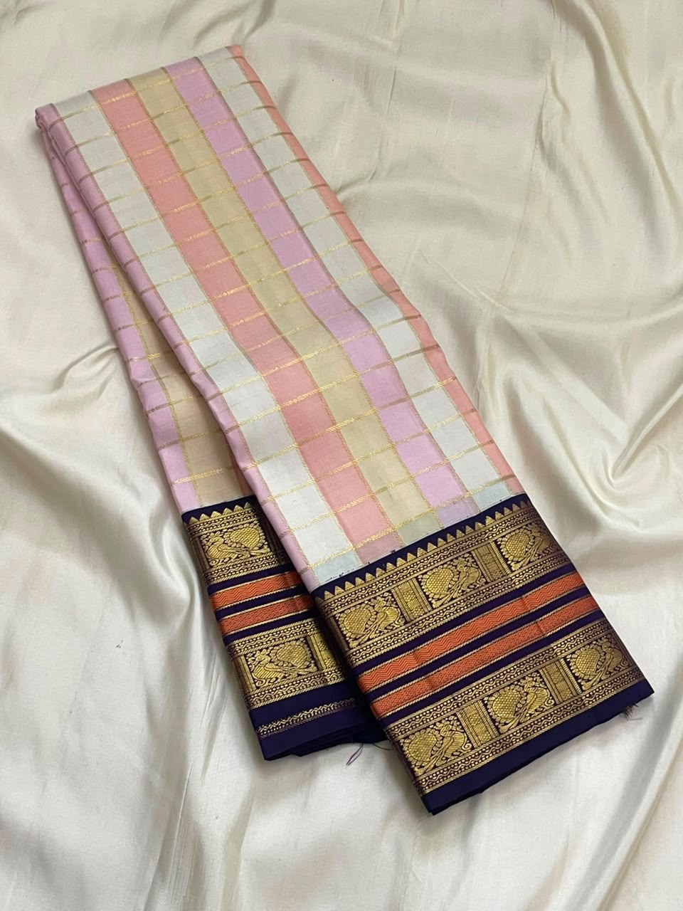 PURE KANCHEEPURAM SILK SAREE CHECK PINK PURPLE ZARI  BORDER