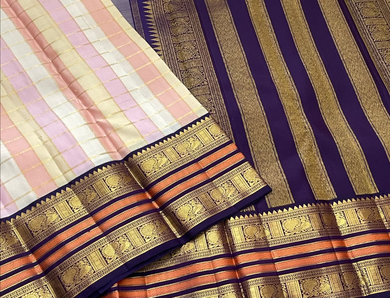 PURE KANCHEEPURAM SILK SAREE CHECK PINK PURPLE ZARI  BORDER