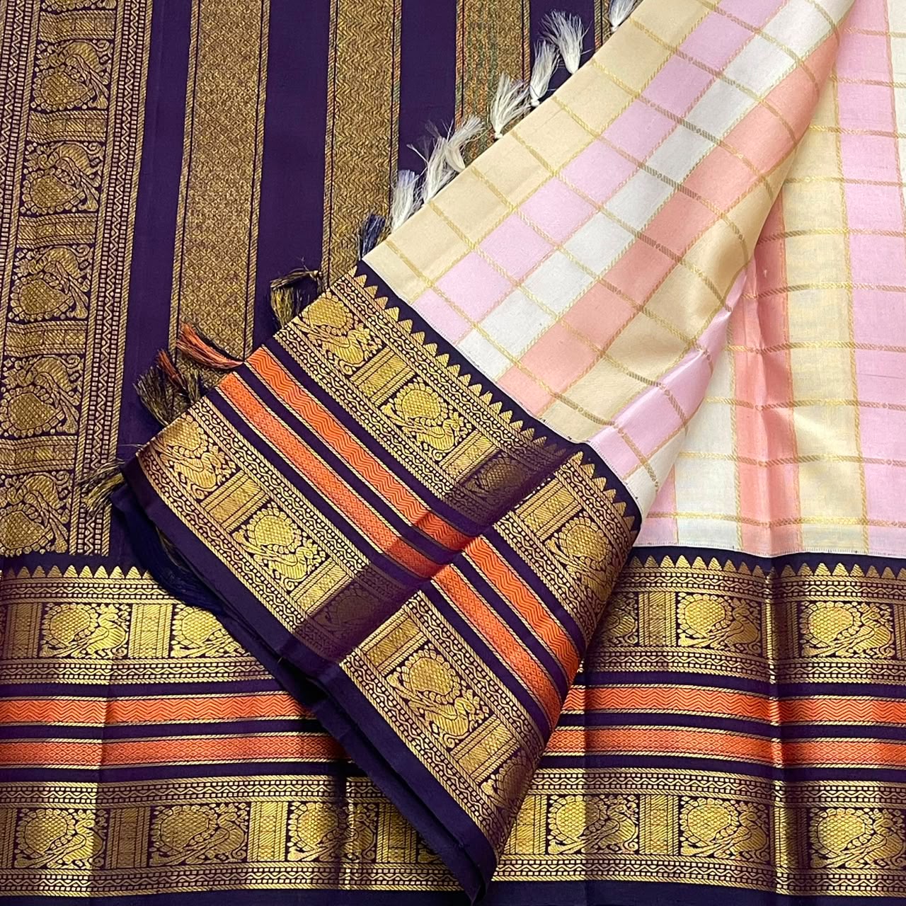 PURE KANCHEEPURAM SILK SAREE CHECK PINK PURPLE ZARI  BORDER