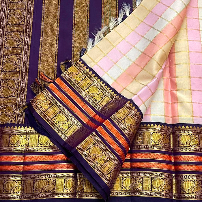 PURE KANCHEEPURAM SILK SAREE CHECK PINK PURPLE ZARI  BORDER