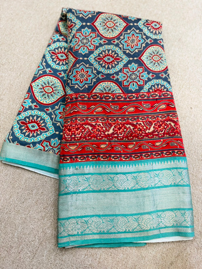 FLORAL MANGALAGIRI PRINTED BLUE  RED SAREE