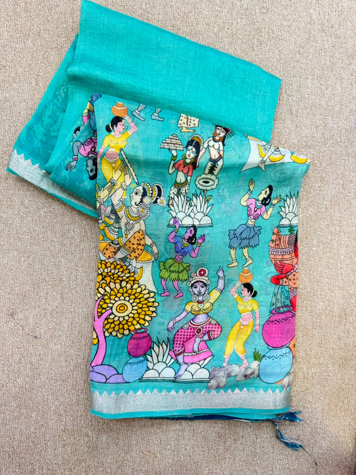 FLORAL MANGALAGIRI PRINTED BLUE  SAREE