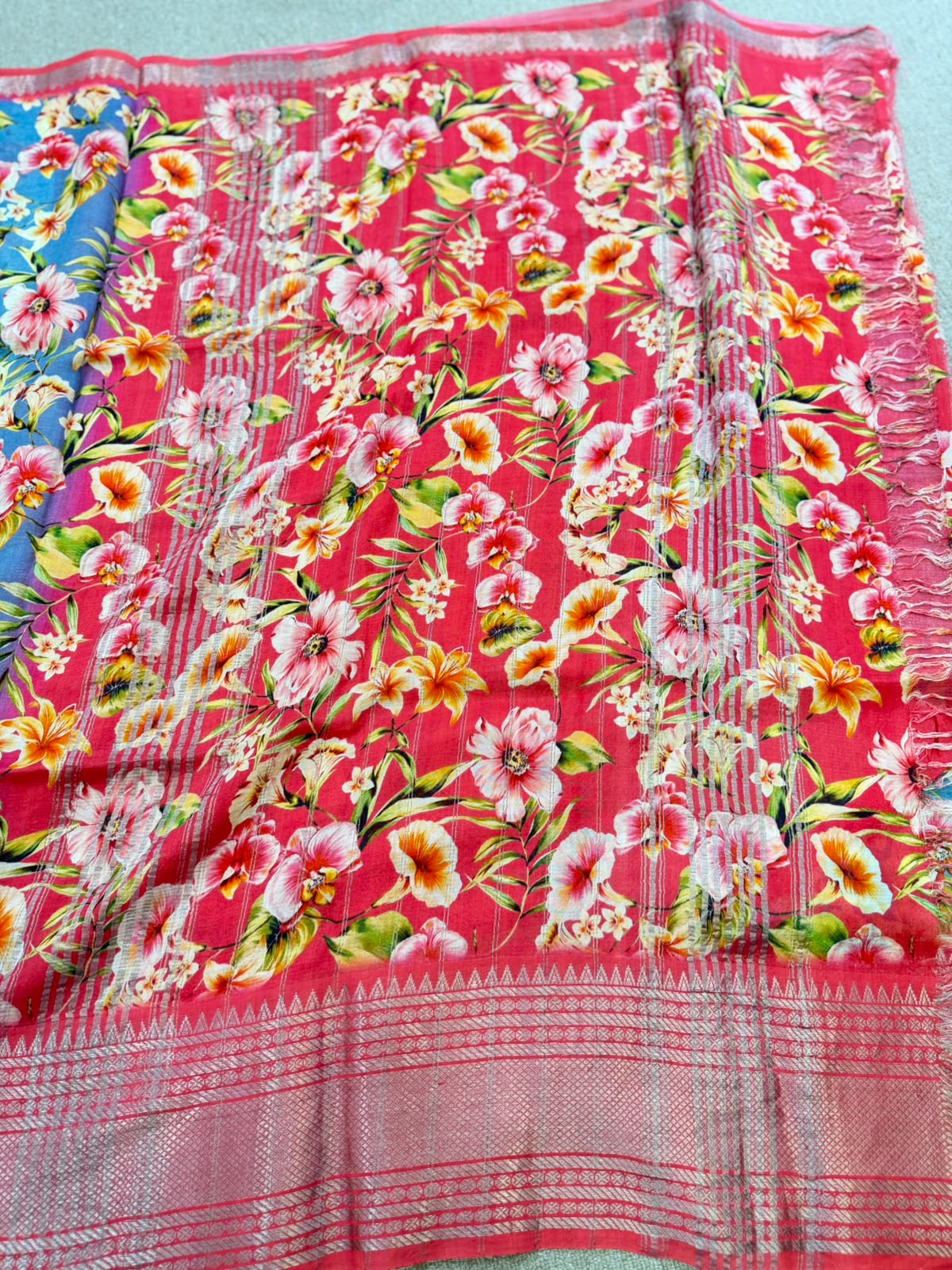 FLORAL MANGALAGIRI PRINTED BLUE PINK SAREE
