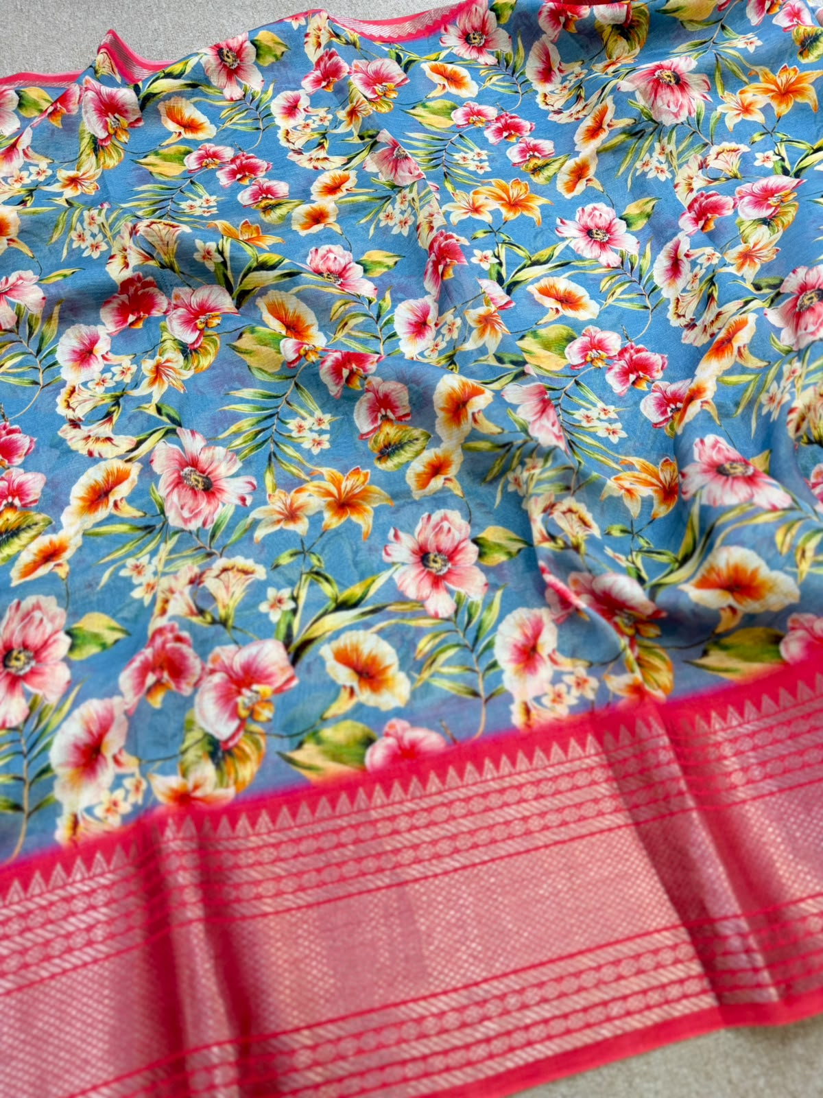 FLORAL MANGALAGIRI PRINTED BLUE PINK SAREE
