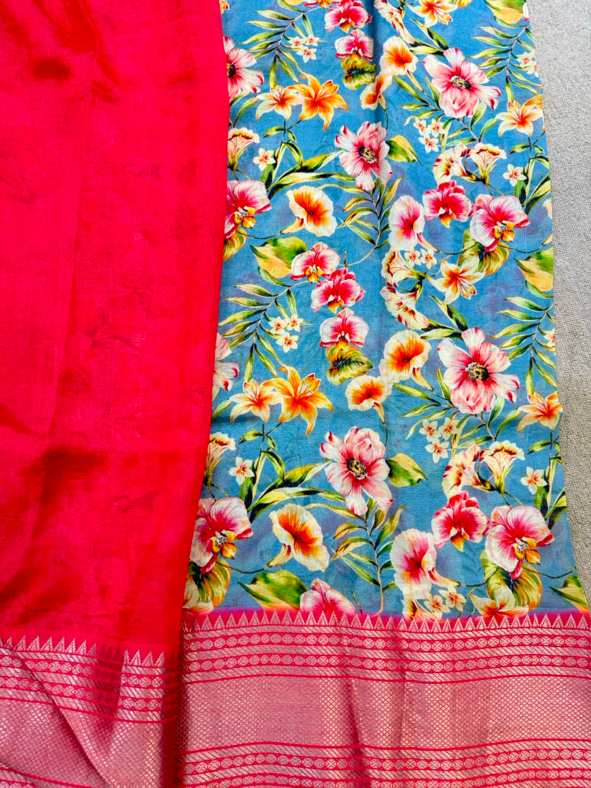 FLORAL MANGALAGIRI PRINTED BLUE PINK SAREE