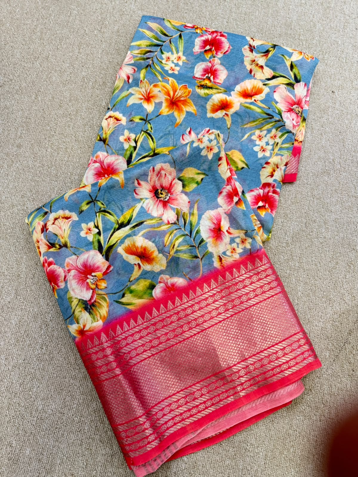 FLORAL MANGALAGIRI PRINTED BLUE PINK SAREE