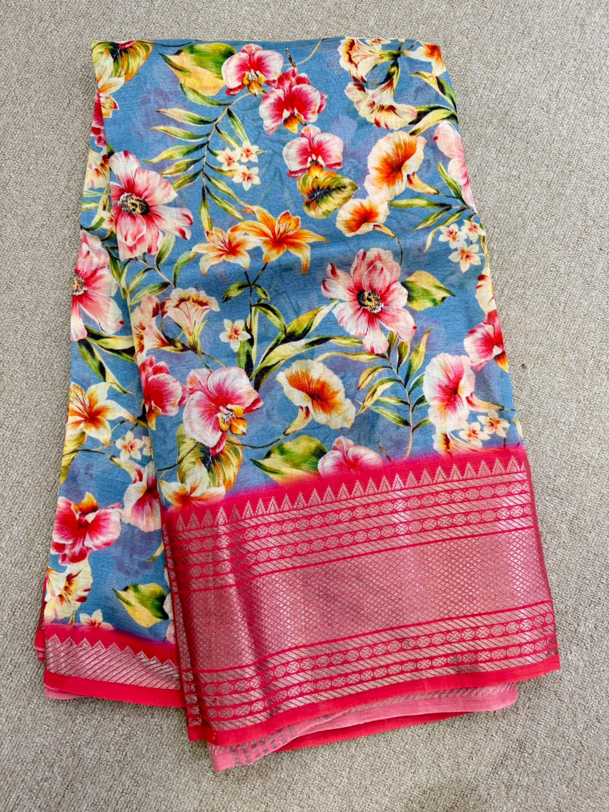 FLORAL MANGALAGIRI PRINTED BLUE PINK SAREE