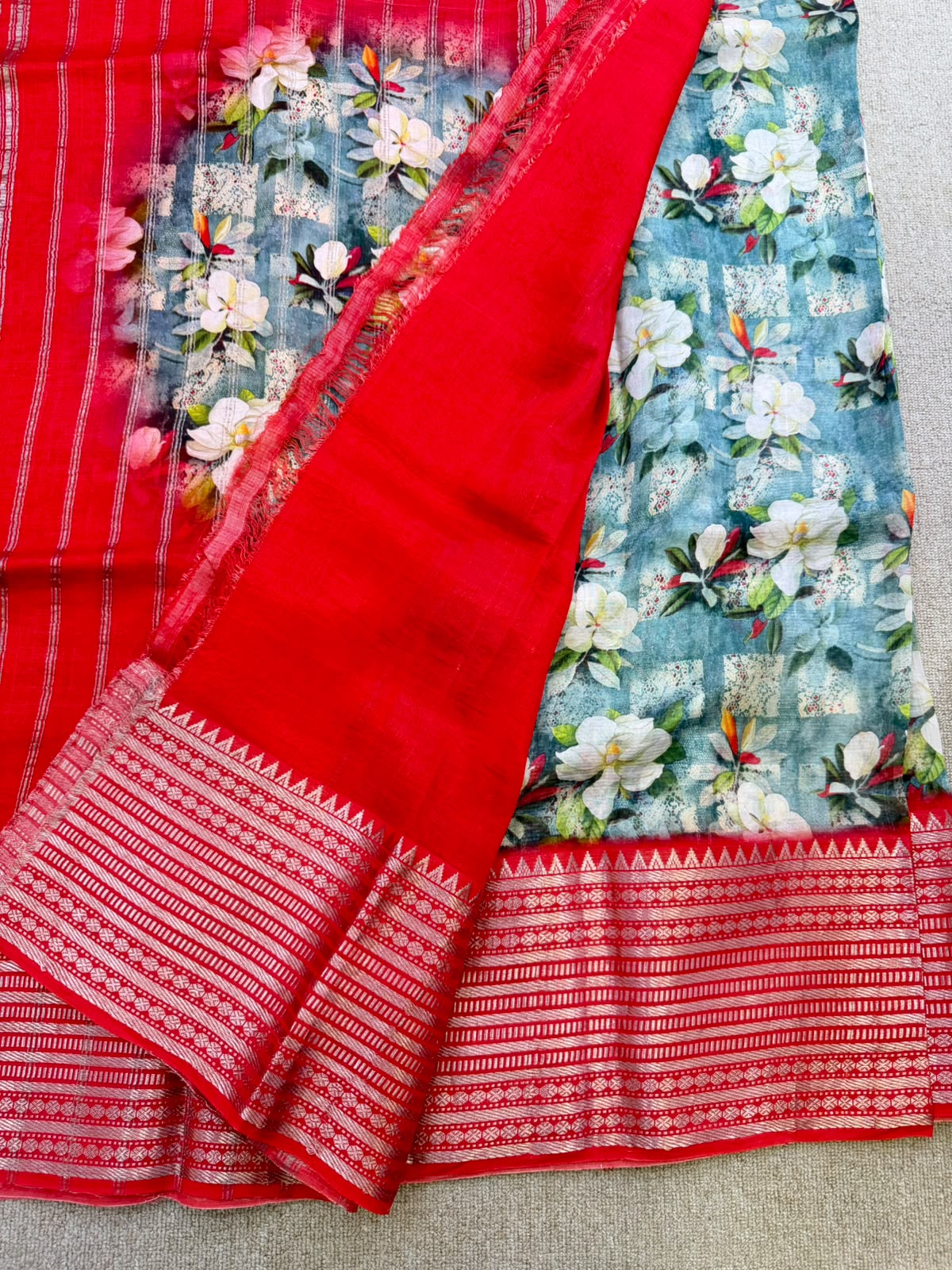 FLORAL MANGALAGIRI PRINTED BLUE  SAREE