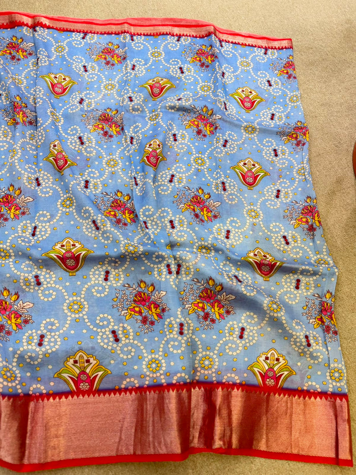 FLORAL MANGALAGIRI PRINTED BLUE  SAREE