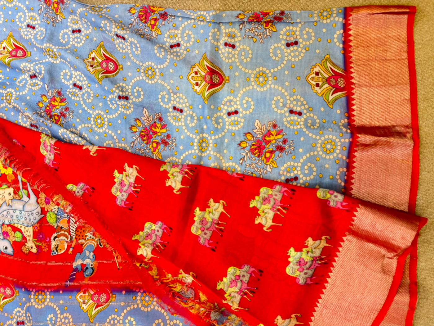 FLORAL MANGALAGIRI PRINTED BLUE  SAREE