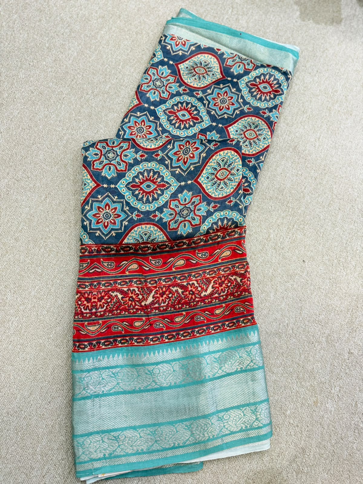 FLORAL MANGALAGIRI PRINTED BLUE  RED SAREE